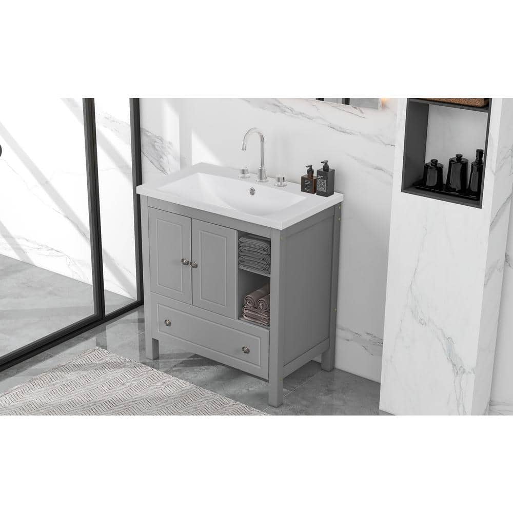 30 in. W x 18. in D. x 32 in. H Bath Vanity in Grey with White Ceramic Top