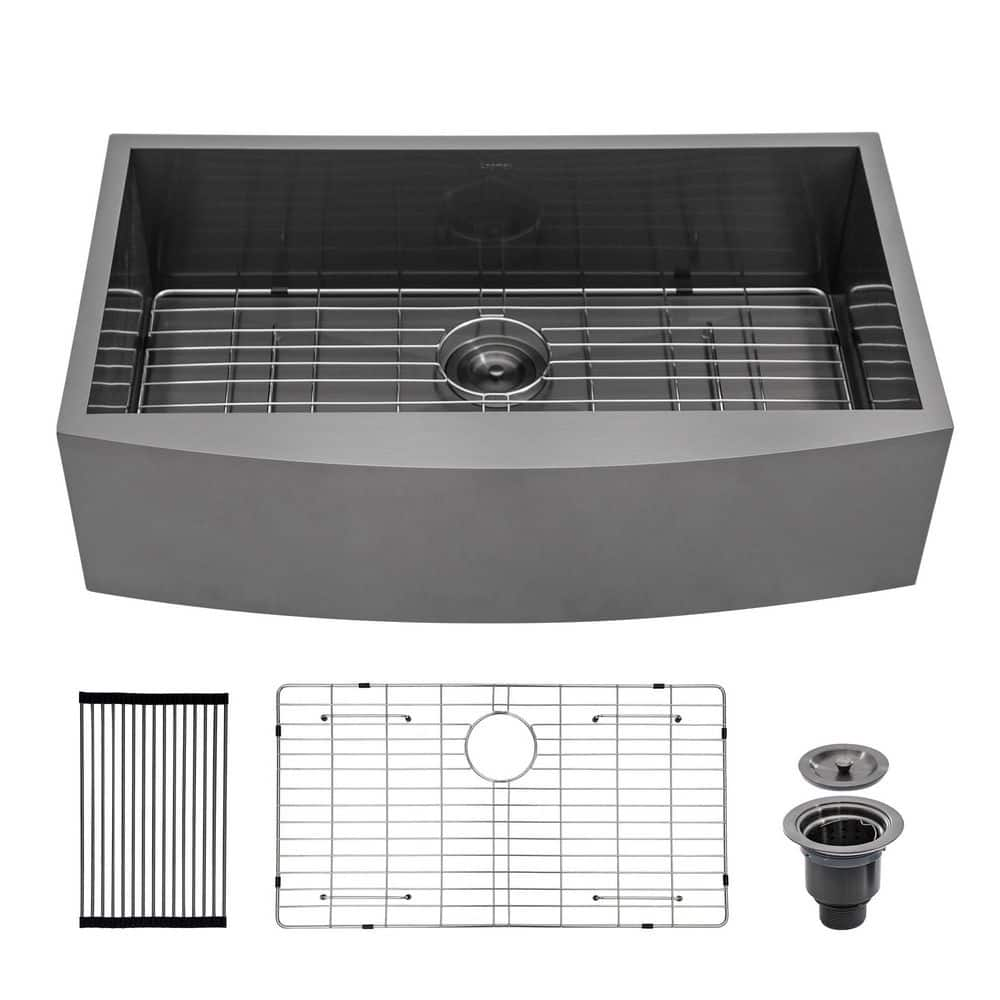 Gunmetal Black 18 Gauge Stainless Steel 30 in. Single Bowl Farmhouse Apron Kitchen Sink with Bottom Grid -  Sarlai, ALGAB3021