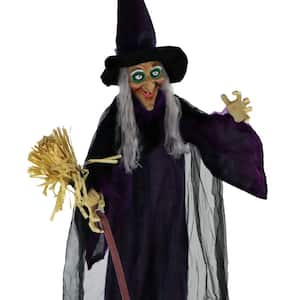 6 ft. Animatronic Talking Witch with Broomstick Halloween Prop, w/ Rotating Body for Indoor/Outdoors, Battery-Operated
