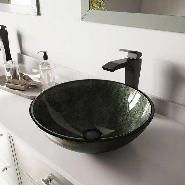 Vigo Glass Round Vessel Bathroom Sink In Onyx Gray With Blackstonian Faucet And Pop Up Drain Matte Black Vgt577 - Gray Vessel Bathroom Sinks