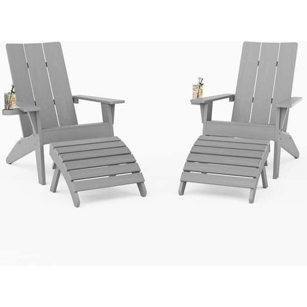 Mximu 4-Piece Oversize Modern Grey Plastic Outdoor Patio Adirondack Chair with Folding Ottoman Set