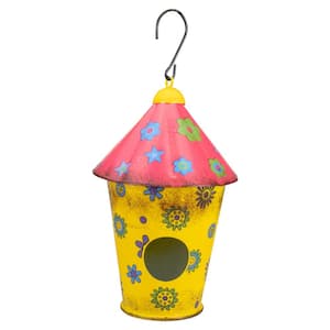 7.75 in. Red and Yellow Metal Birdhouse with Flowers
