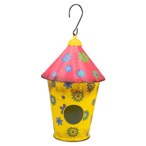 Northlight 7.75 in. Red and Yellow Metal Birdhouse with Flowers