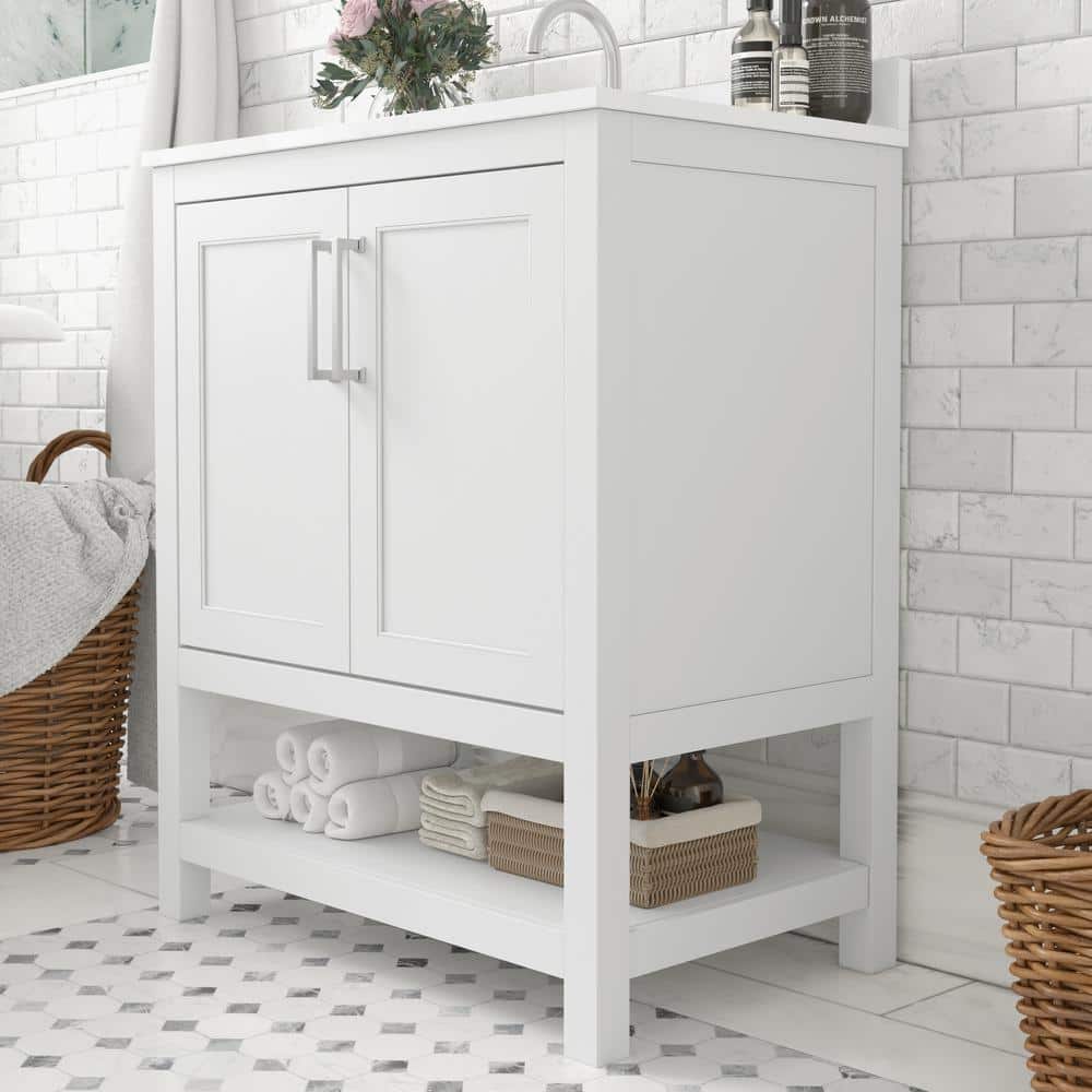30" White Freestanding Bathroom Vanity with Carrara Marble Countertop
