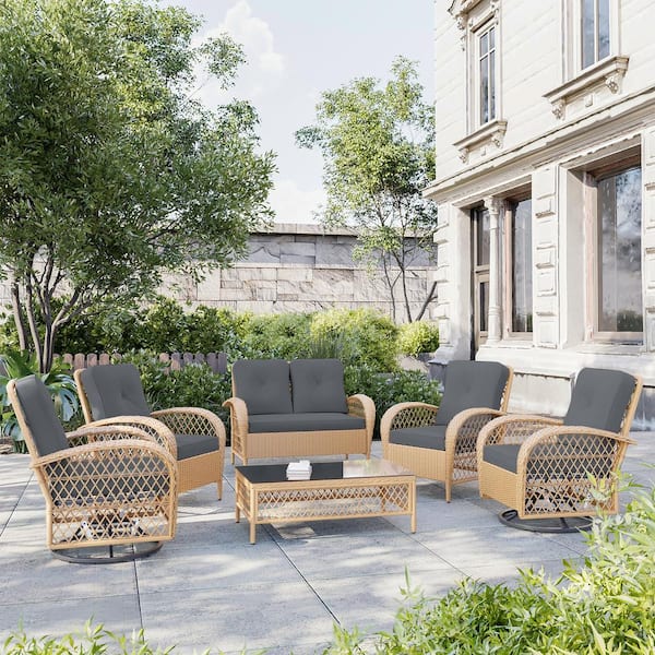 UPHA 6-Peiece Wicker Patio Conversation Set with Swivel Rocking Chairs, Coffee Table and Gray Cushions