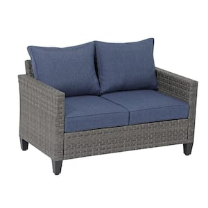 OC Orange Casual Wicker Grey Outdoor Loveseat Sofa with Blue Cushion