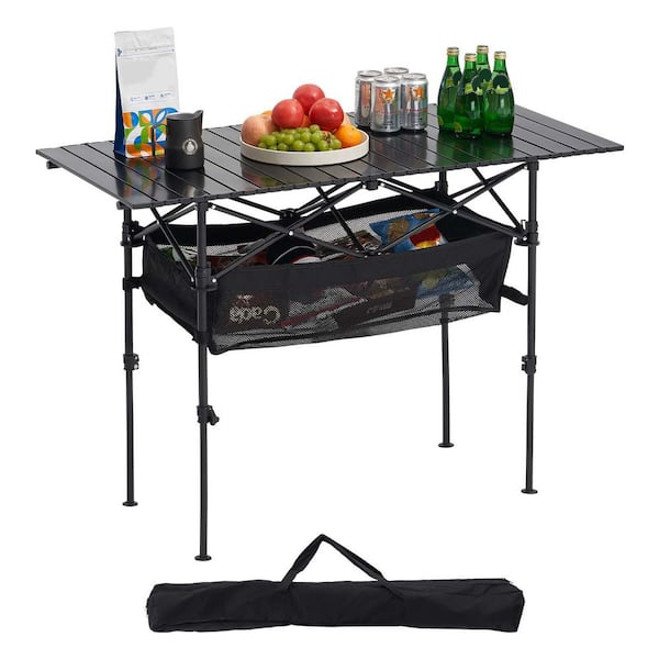 Folding Camping Table, Portable Roll-Up Aluminum Side Table with Adjustable Height, Storage & Carry Bag, Lightweight