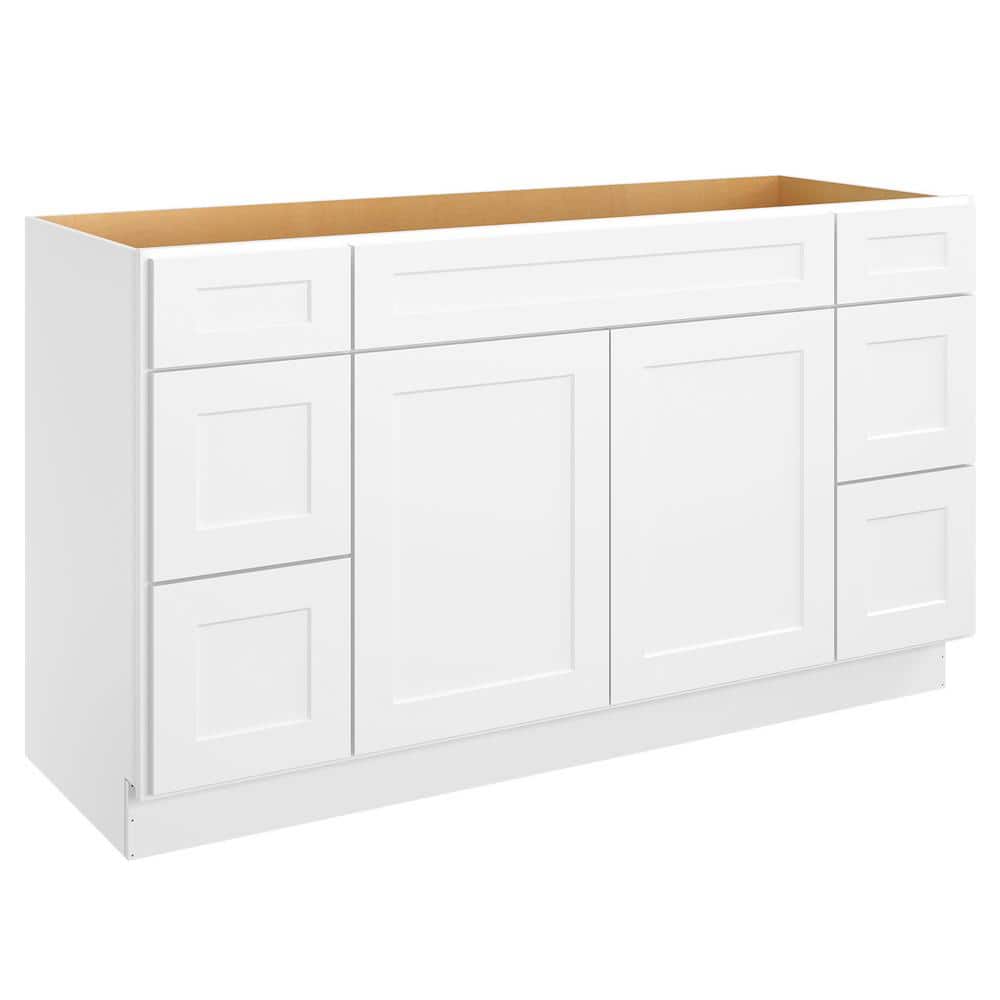Homeibro 60 In W X 21 D 34 5 H Shaker White Plywood Ready To Assemble Floor Vanity Sink Drawer Base Kitchen Cabinet