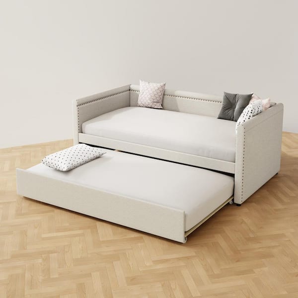 Noble House Summit Beige Twin Size Modern Upholstered Linen Daybed with Trundle, Nailhead Trim