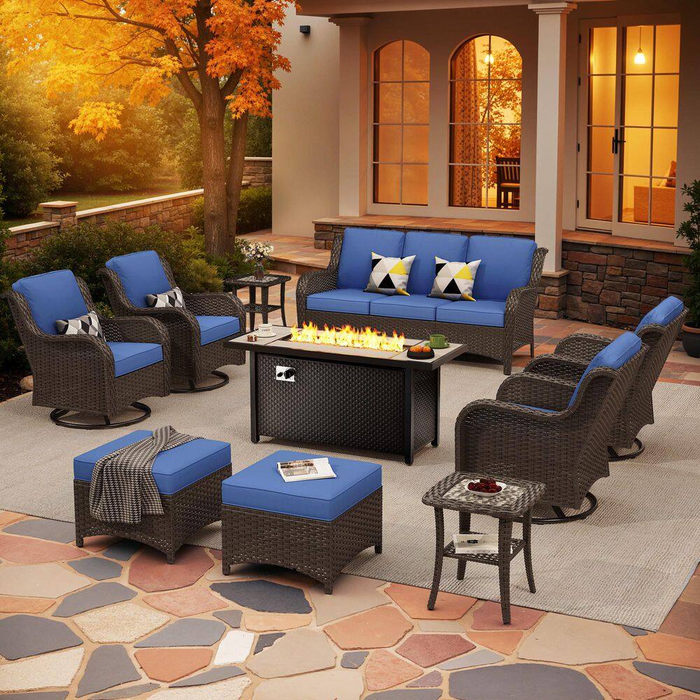 Dapple 10 Pieces Wicker Outdoor Patio Rectangular Fire Pit Set and Swivel Rocking Chairs with Navy Blue Cushions price history on PriceWatchPro