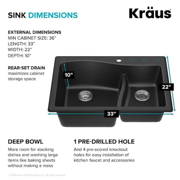 Kraus Quarza 33-in x 22-in Double Offset Bowl Drop-In or Undermount 1-Hole Commercial/Residential Kitchen Sink Kraus Quarza 33-in x 22-in Double Offset Bowl Drop-In or Undermount 1-Hole Commercial/Residential Kitchen Sink