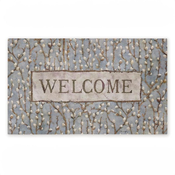 Pussywillow Welcome Pattern Blue 18 in. x 30 in. Polyester Non-Slip Outdoor Door Mat