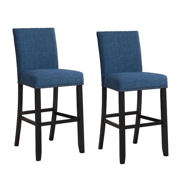 Benjara 44 in. Blue Bar Chair with Fabric Seat and Nailhead Trim (Set of 2)
