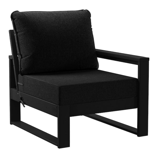 Endless Outdoor Patio Deep Seating Right Arm Chair with Black Plastic Frame and Black Side Tie Cushions