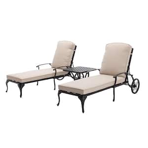 Antique Bronze 3-Piece Aluminum Adjustable Reclining Outdoor Chaise Lounge with Beige Cushions and Table