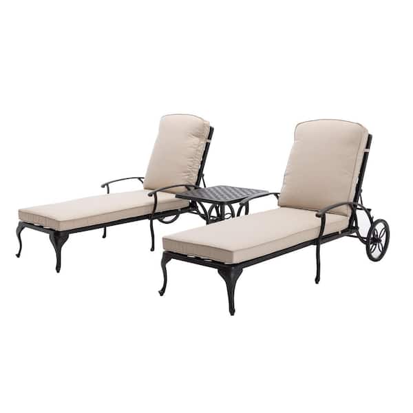 HOMEFUN Antique Bronze 3-Piece Aluminum Adjustable Reclining Outdoor Chaise Lounge with Beige Cushions and Table