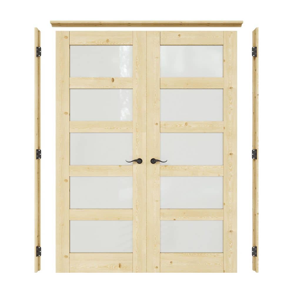 56 in. x 80 in. 5-Lite Frosted Glass Universal Solid Core Unfinished Pine Wood Double Prehung French Door+Separate Jamb price history on PriceWatchPro