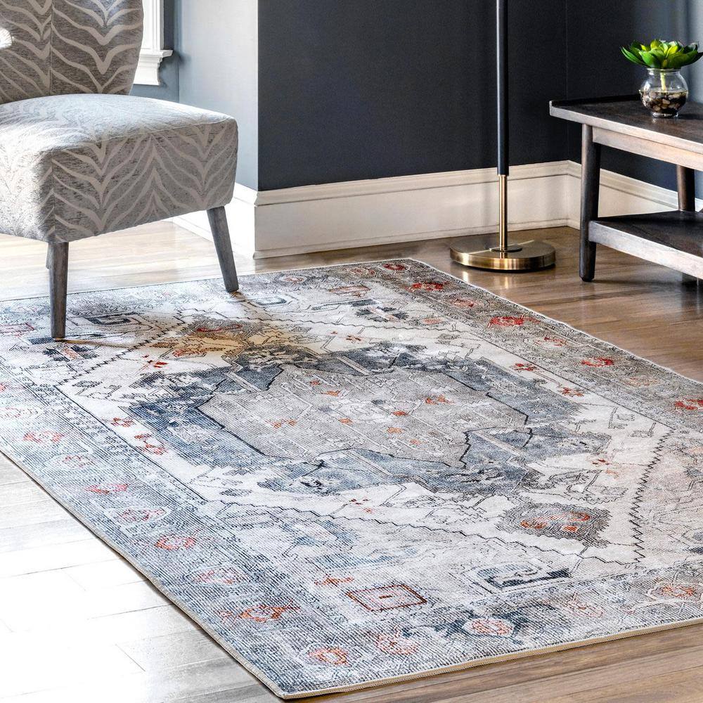 Beige Geometric Border Synthetic Rectangular Area Rug