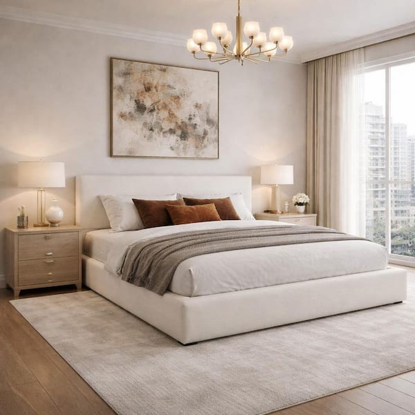 Beige Classic Embedded Structure Wood Frame King Size Luxurious Linen Upholstered Platform Bed with 6 Support Legs