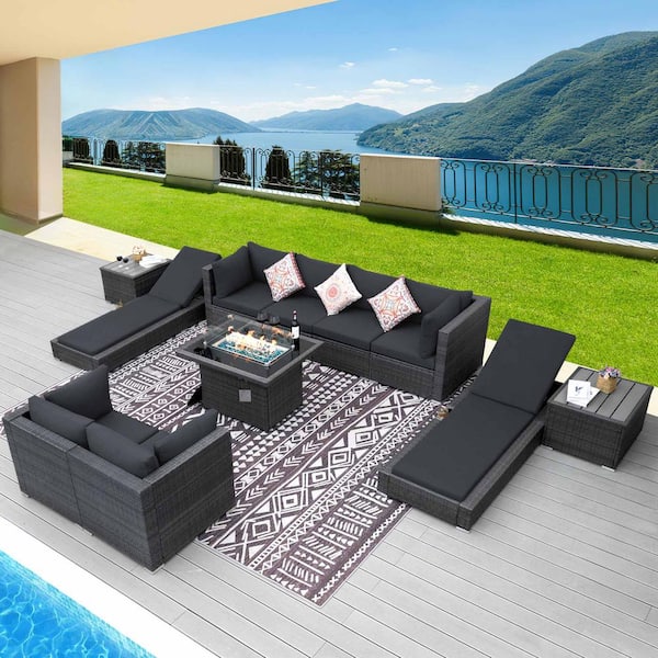 NICESOUL Luxury 11-Piece Charcoal Gray Wicker Fire Pit Sectional Sofa Sets with Chaise Lounge Gray Cushions without Ottamans