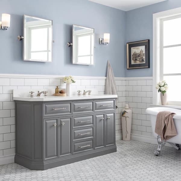 Palace 60 in. W x 22 in. D x 34 in. H Double Sink Bath Vanity in Cashmere Grey with Carrara White Quartz Top