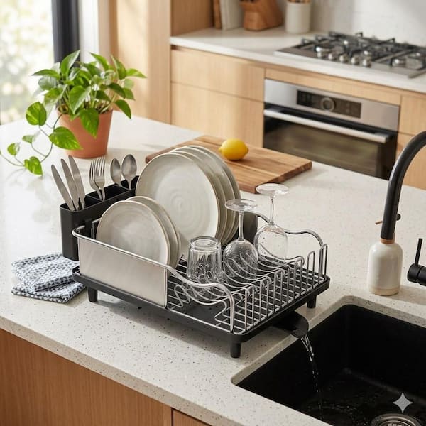 Black Stainless Steel Dish Drying Rack with Drain Board, Rustproof 304 Steel Kitchen Countertop Drainer Organizer