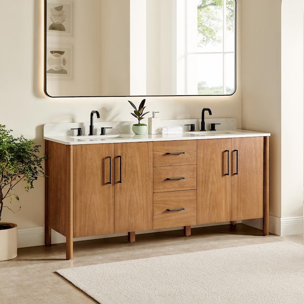 Altair Velora 72 in. Double Freestanding Mango Brown Bath Vanity with Grain White Engineered Stone Top Assembled