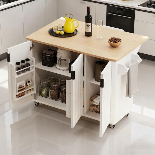 White Wood MDF 51.3 in. Rolling Kitchen Island, Kitchen Cart with Drop Leaf, Adjustable Shelves