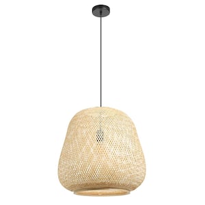 Dembleby 20 in. W x 93.14 in. H 1-Light Black Statement Pendant Light with Natural Bamboo Dome Shade