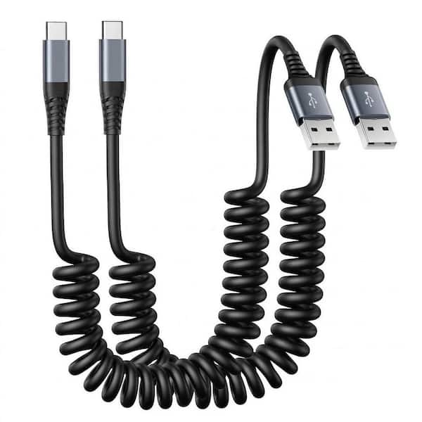 USB C Cable Fast Charging Car Charger Accessory in Black 2 Pack Coiled USB A to Type C Cord for Vehicles, 3ft