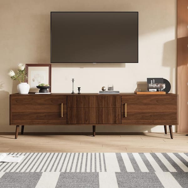 70 in. Dark Brown Modern TV Stand Fits TVs up to 80 in. with Solid-Wood Legs for Living room, Bedroom