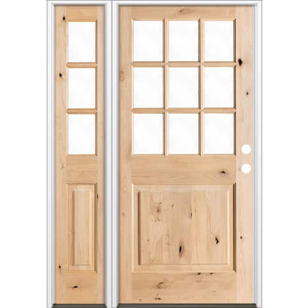 50 in. x 80 in. Craftsman Knotty Alder 9-Lite Unfinished Left-Hand Inswing Prehung Front Door with Left Hand Sidelite