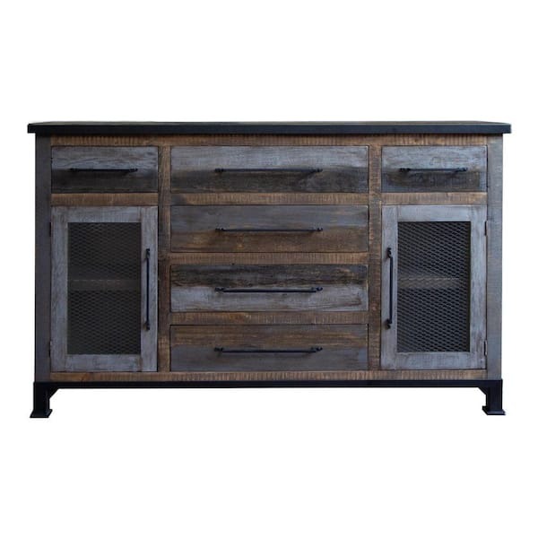 Benjara Gray and Brown Wood Top 15.25 in. Sideboard with Mesh-Doors