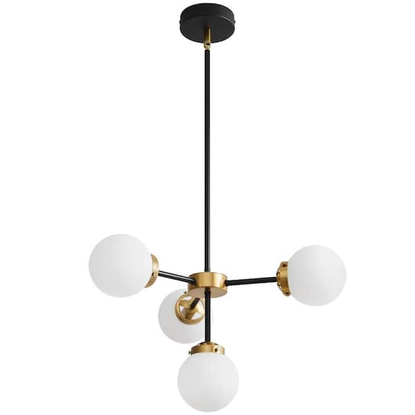 Deyidn Modern Chandeliers 4-Light Globe Sputnik Chandelier Milk Glass Shade Mid Century Black and Gold Pendant Light Fixture