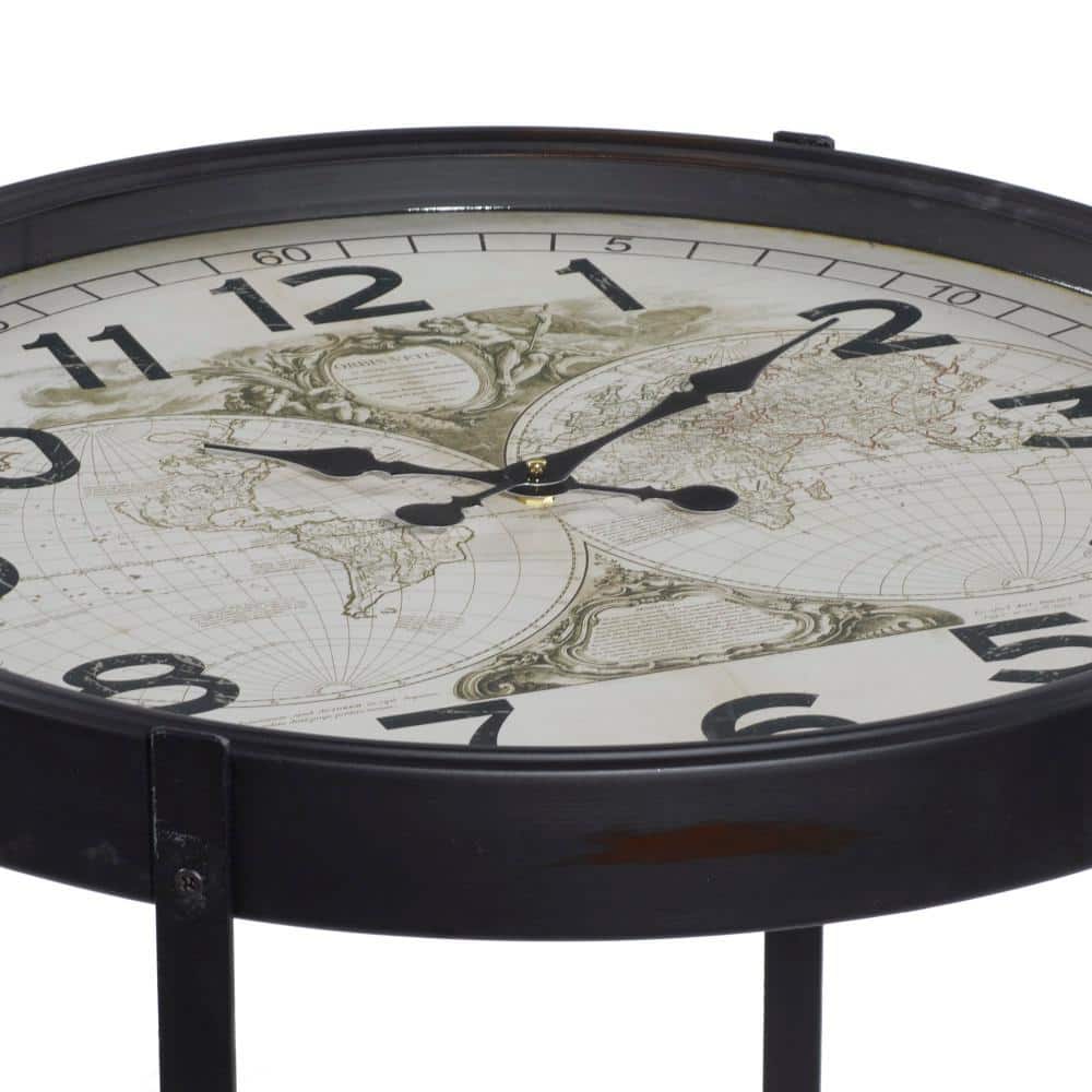 Black Round Metal and Glass Clock Accent Table