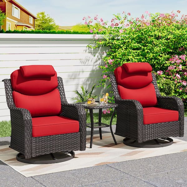 Smiley 3-Piece Brown Wicker Outdoor Rocking Chairs Patio Swivel Chairs with Headrest, Red Cushions and Side Table