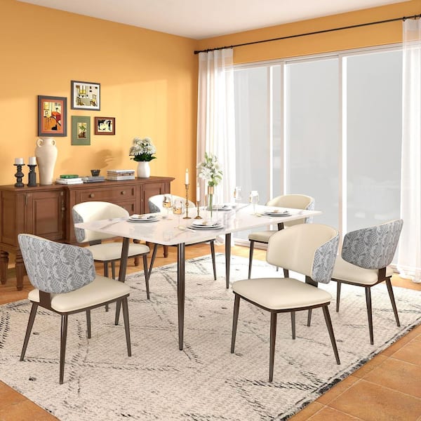Set of 6 Mid-Century Modern PU Leather Upholstered Dining Chairs in White