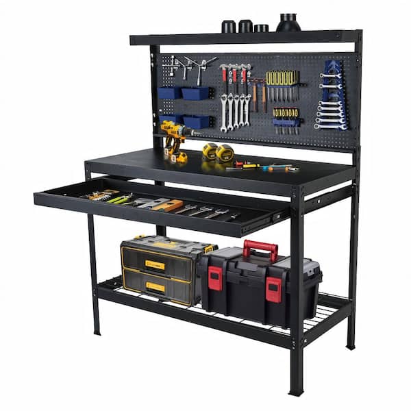 48 in. W x 22 in. D 1-Drawer Boltless Design Heavy Duty Steel Black Workbench Table with Metal Top, Shelf and Pegboard