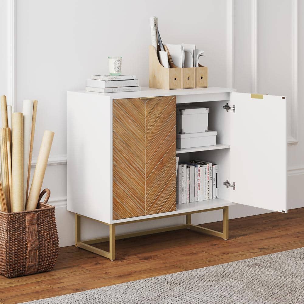 Enloe Modern Rustic Storage Cabinet with Herringbone Wood Doors and Gold Base