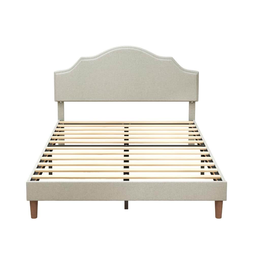 Beige Linen Fabric Queen Platform Bed Frame with Adjustable Headboard, No Box Spring Needed, Easy Assembly