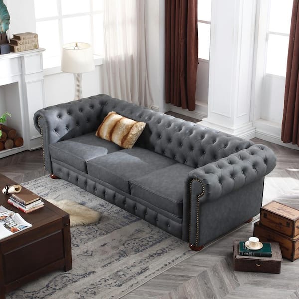 Harper & Bright Designs 88.5 in Wide Rolled Arm Bronze Nails Decoration Faux Leather Mid-Century Modern Tufted Rectangle Sofa in Dark Gray