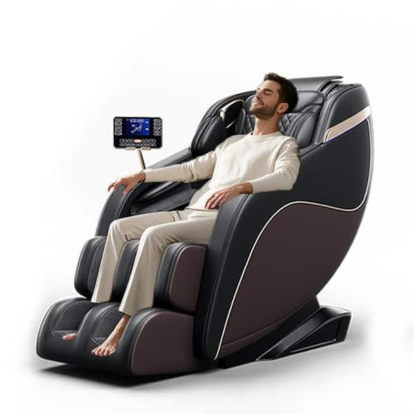 Eunice Black+Brown Faux Leather 3D Zero Gravity Massage Chair with SL-Track, Shiatsu, Heated, LCD Control, Foot Rollers