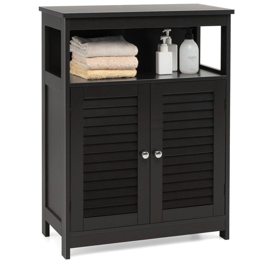 24 in. W x 12 in. D x 32 in. H Black Freestanding Bathroom Linen Cabinet with Double Shutter Door price history on PriceWatchPro