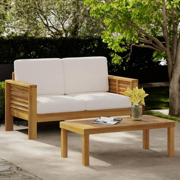 Acacia Wood Loveseat and Coffee Table Outdoor Dining Set of 2 with Cream Cushions Piece Of 1