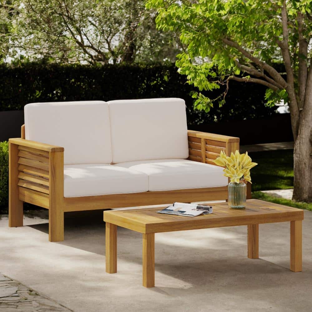 Acacia Wood Loveseat and Coffee Table Outdoor Dining Set of 2 with Cream Cu