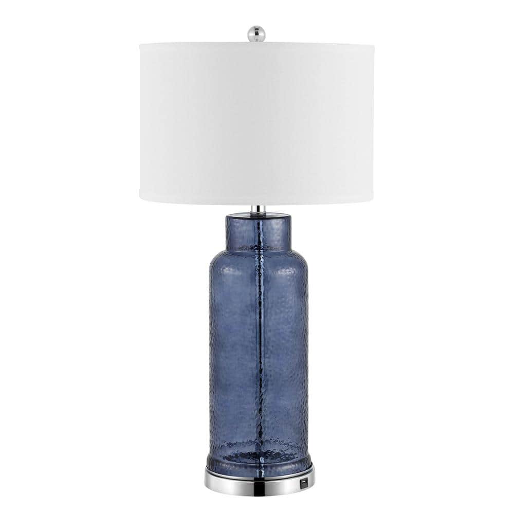 Blue Glass Table Lamp Set with Silver Base and USB Port