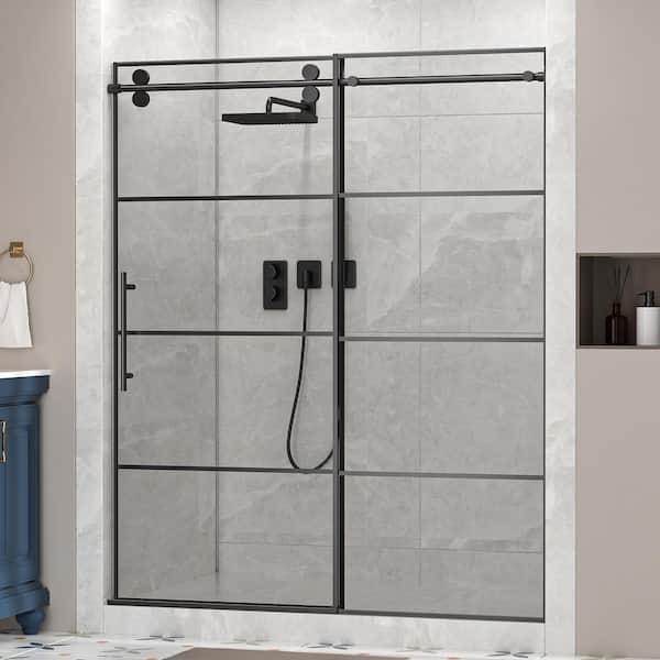 WOODSAM 60 in. W x 72 in. H Sliding Framed Shower Door in Matte Black with 3/8 in. (8 mm) Clear Glass