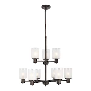 Norwood 9-Light Burnt Sienna Modern Transitional Hanging Chandelier with Clear Highlighted Satin Etched Glass Shades