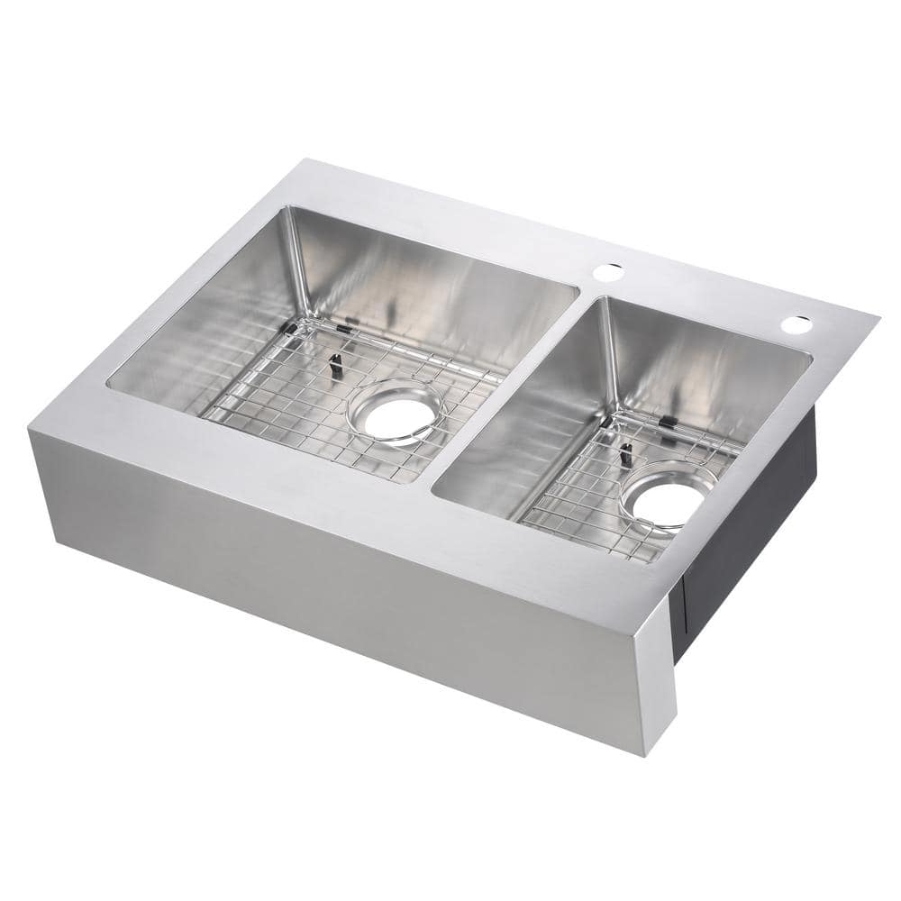 Retrofit Drop-In/Undermount Stainless Steel 33 in. 2-Hole 60/40 Double Bowl Flat Farmhouse Apron Front Kitchen Sink -  Glacier Bay, 302-7348