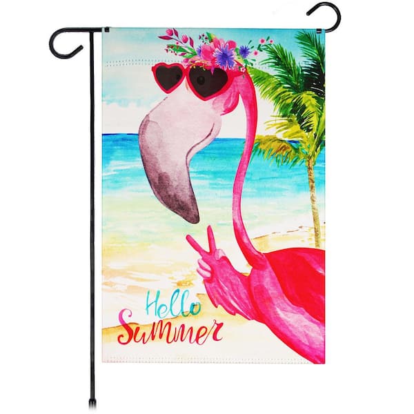 G128 1 ft. x 1.5 ft. Polyester Hello Summer Peace Sign Flamingo 2-Sided Garden Flag Printed Blockout